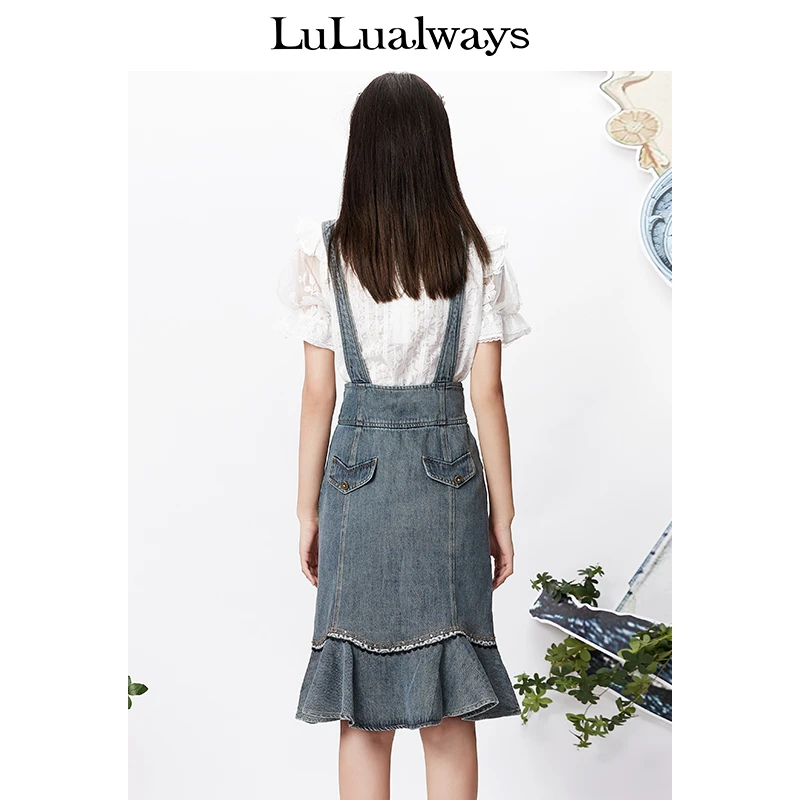 LULUALWAYS气质背带裙拼接刺绣牛仔蓝背带裙女LMB4080