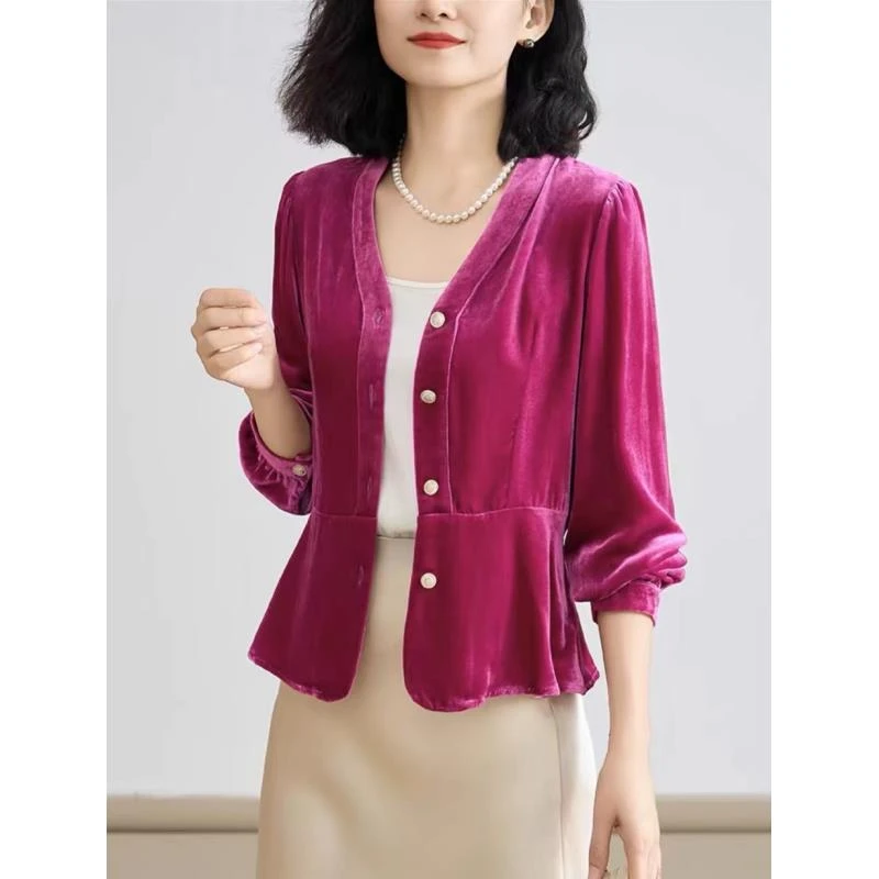 DY1012樱美嘉桑蚕丝丝绒收腰显瘦开衫气质长袖甜美上衣