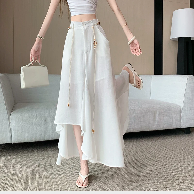 白色法式绑带不规则半身裙女夏季新款高腰显瘦a字辣妹时尚大摆裙