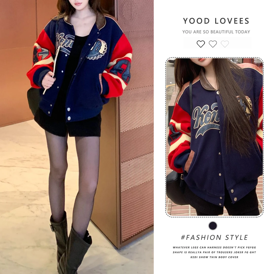 美式复古风短外套女2025秋冬季新款宽松休闲藏蓝色短款外套小个子