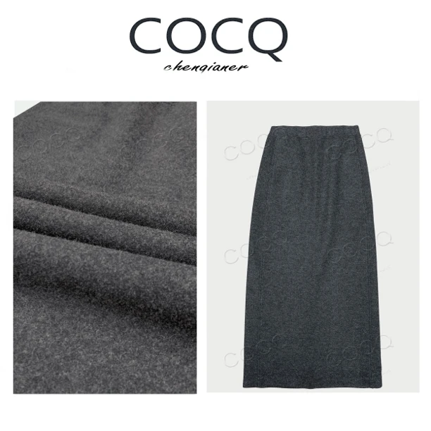 【COCQ】高级暗灰色羊毛毛呢加绒口袋半身裙气质简约百搭直筒裙