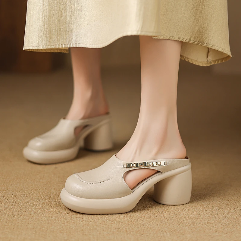 羊皮~7cm厚底2025新款侧空时装包头拖鞋真皮柔软透气夏季女凉拖鞋