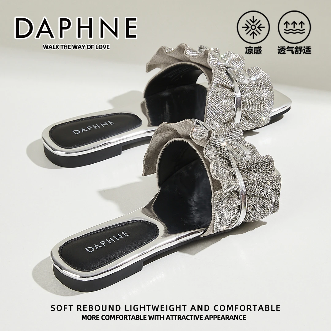 达芙妮仙女风蝴蝶结云朵拖鞋女款水钻外穿夏季百搭露趾一字凉拖鞋