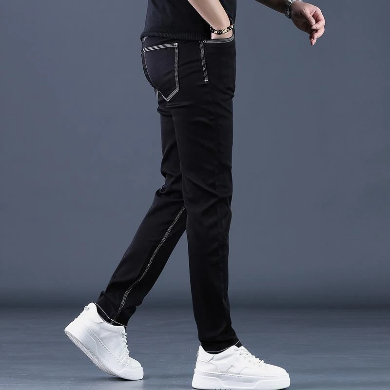 高端春季新款时尚百搭黑色牛仔裤男款修身小脚弹力休闲男士裤子潮