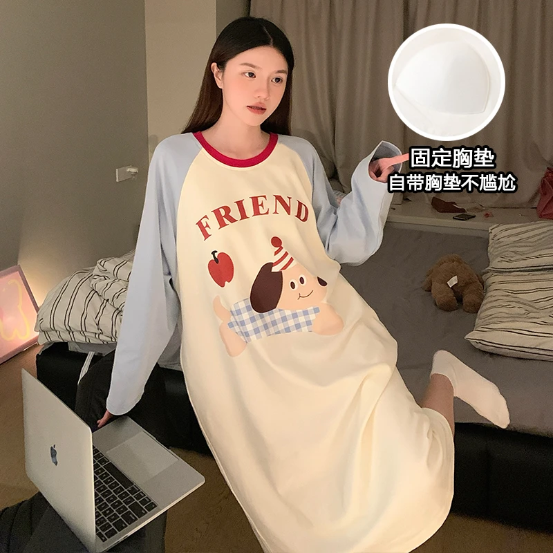 今年爆款睡裙女秋季长袖带胸垫高级感纯欲风大码家居服睡衣可外穿