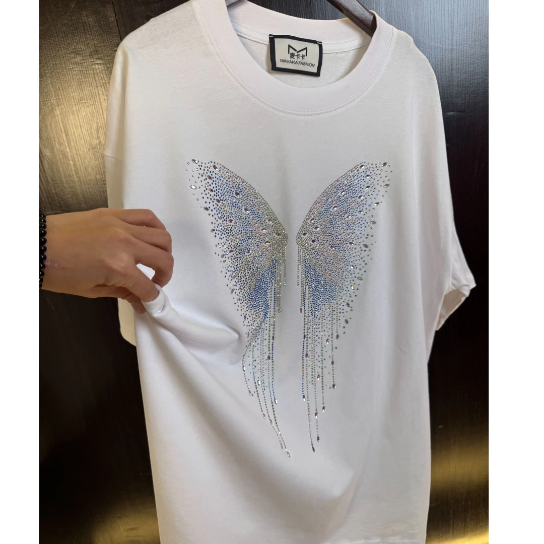 蝴蝶流苏烫钻短袖新款中长款女装