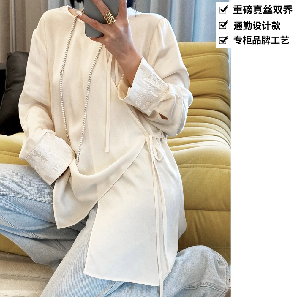 重磅真丝双乔气质减龄设计斜襟系绳长袖桑蚕丝衬衫上衣ZKD28