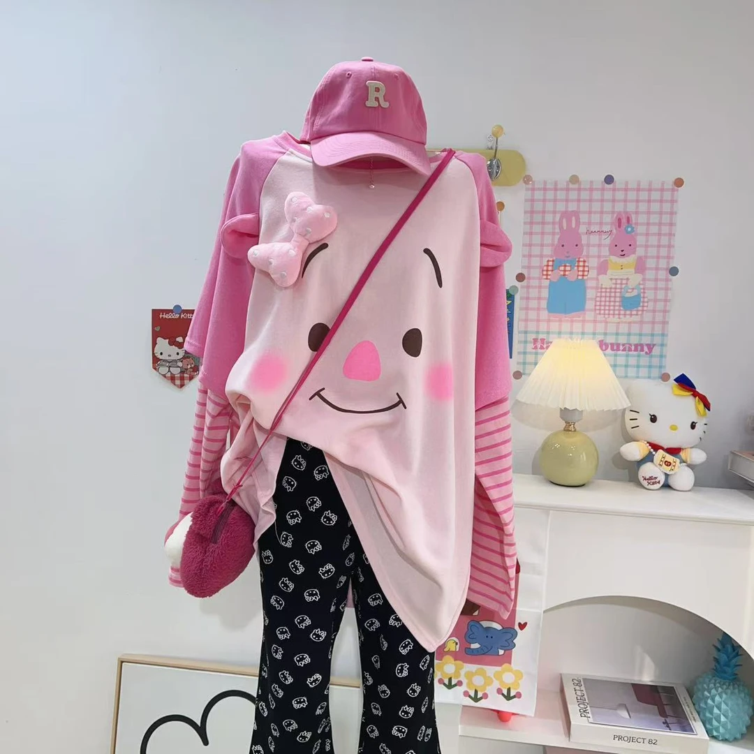 【钱呼呼】2025设计感小猪造型立体设计宽松粉色圆领长袖T恤 女