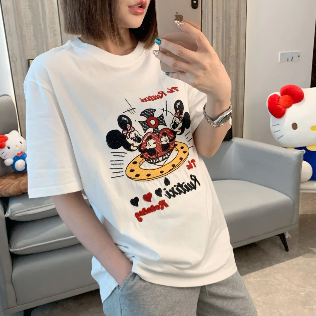 【林爆爆专属】91058夏季纯棉宽松版型刺绣休闲百搭女装圆领短袖t恤