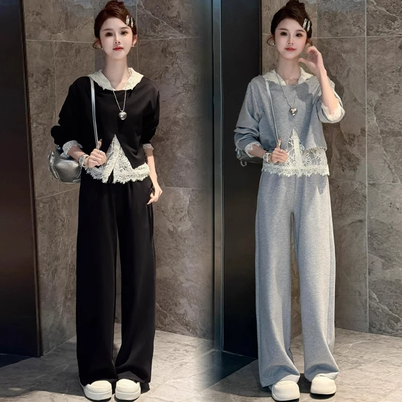 时尚套装女2025春季新款洋气显瘦蕾丝拼接上衣阔腿裤减龄两件套潮