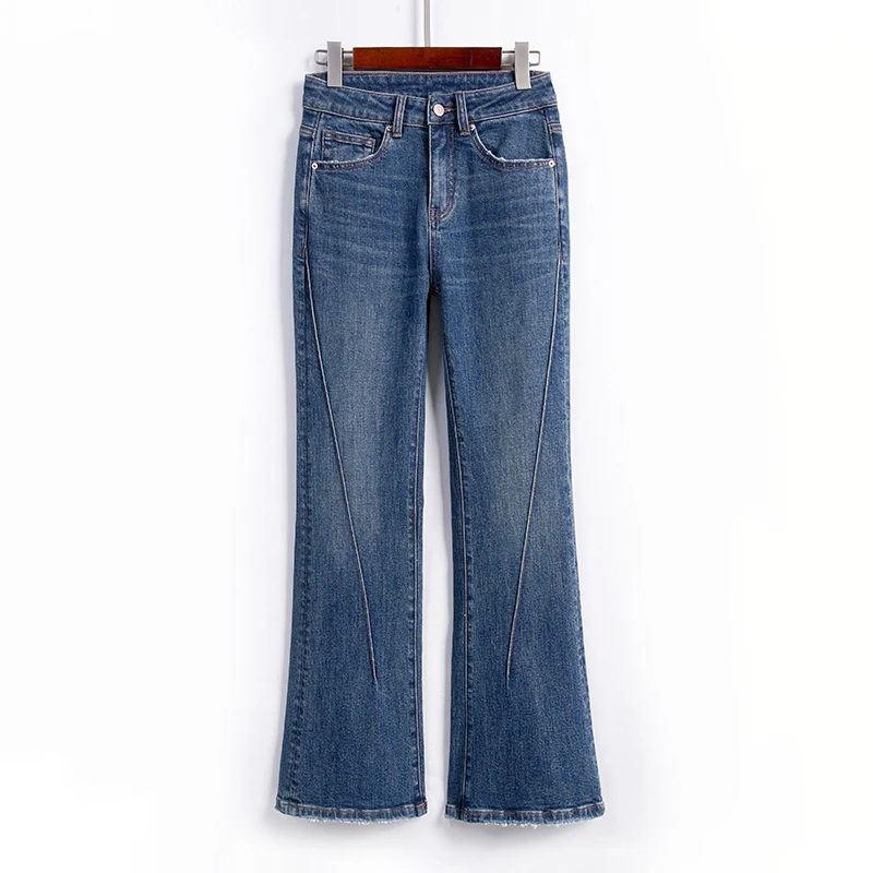 自媒体早春新款时尚休闲弹力显瘦百搭高腰修身牛仔喇叭裤 197