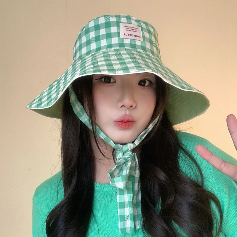 ［大头阿枝］新款春夏季字母布标双面渔夫帽女格纹盆帽平顶遮阳帽子