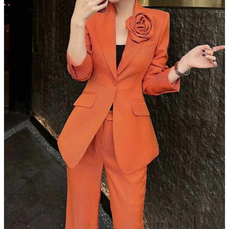 2025端橘色西服套装女新时尚休闲职业西装两件套外套修身气质名媛