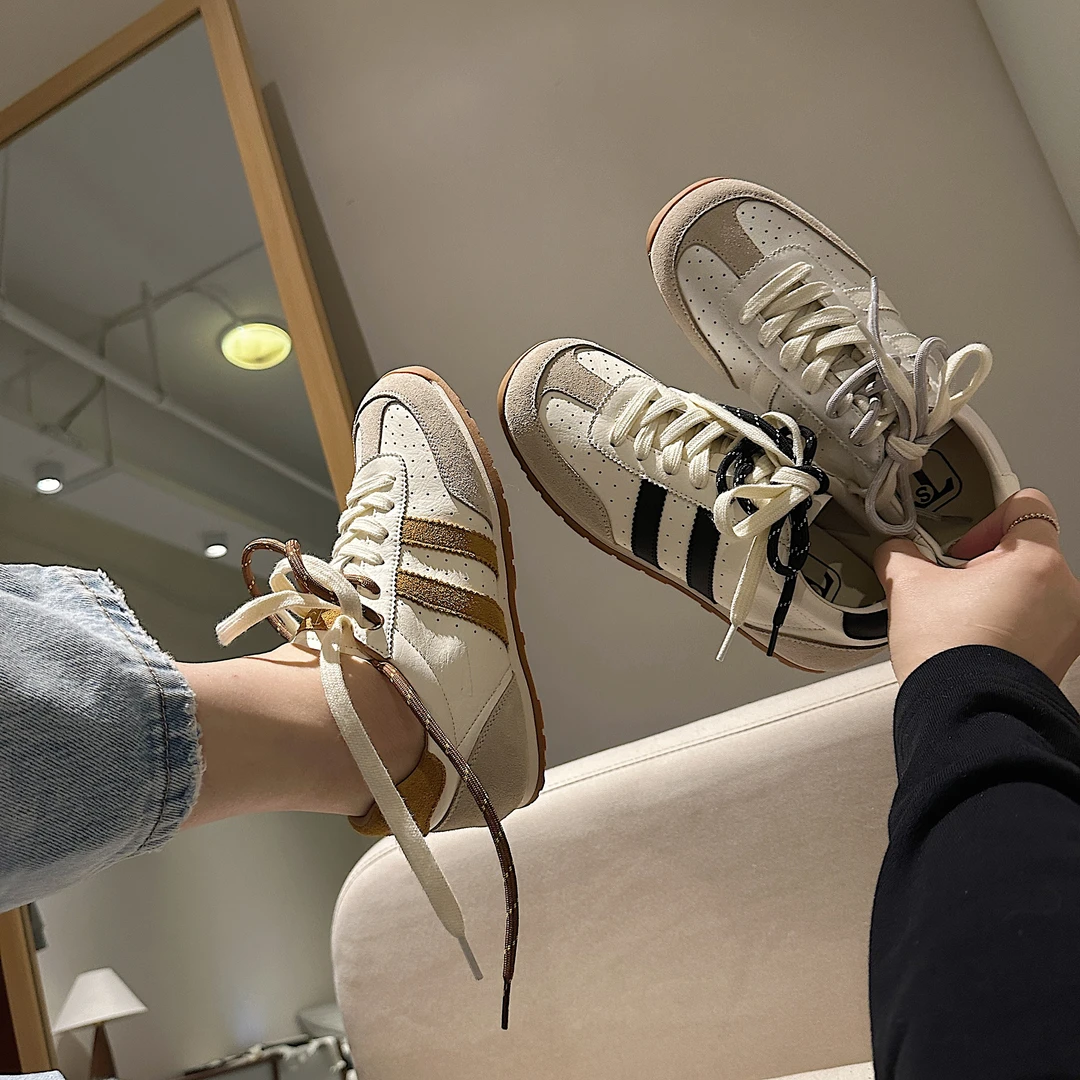 TS休闲鞋2025春季新款复古风拼色圆头系带德训鞋女款条纹休闲板鞋