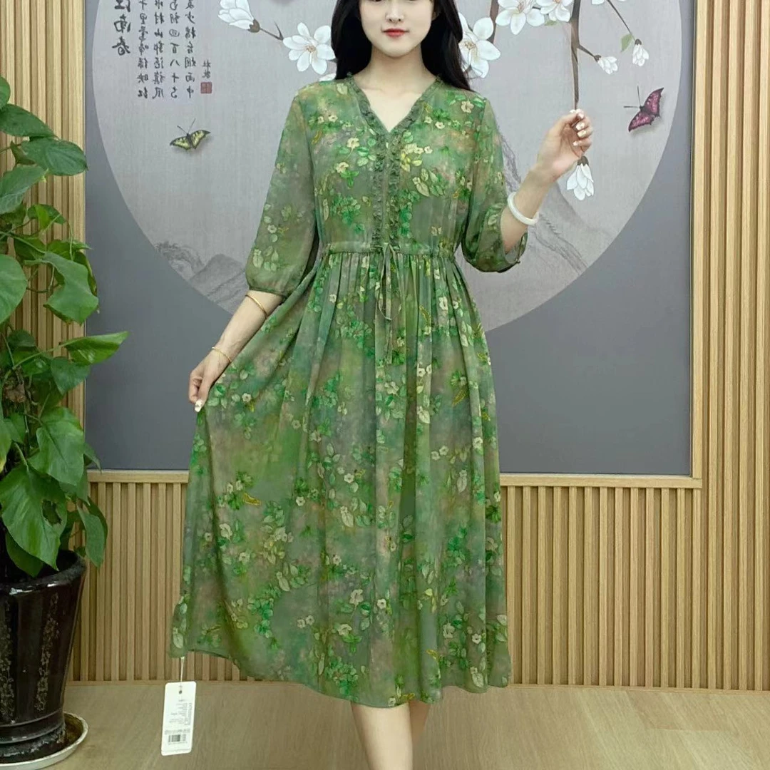 【新款上新】春夏季中式收腰时尚中长款气质短袖连衣裙A330
