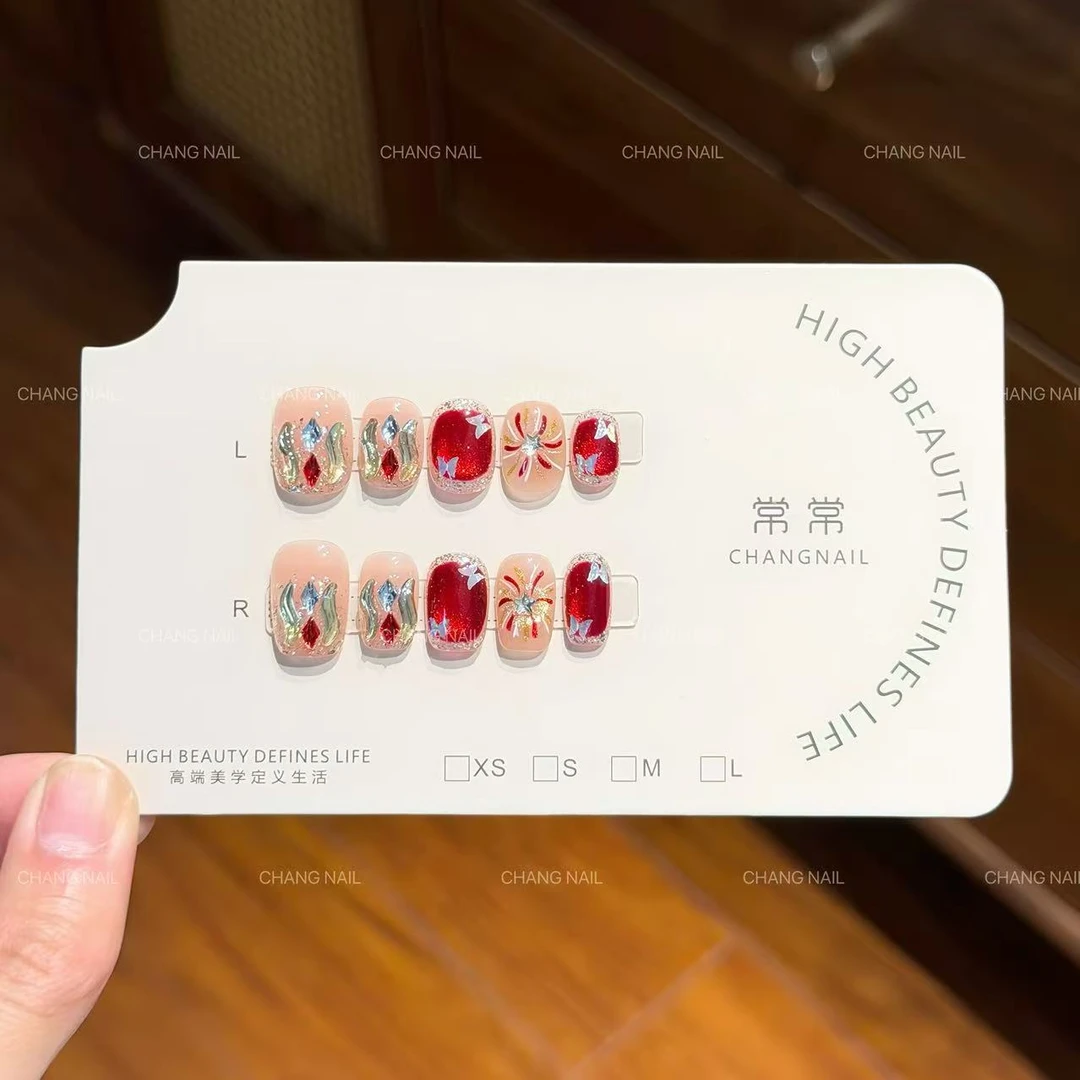 波尔多晚宴-Bordeaux-纯手工穿戴甲正红质感庆典烟花显白 10片装