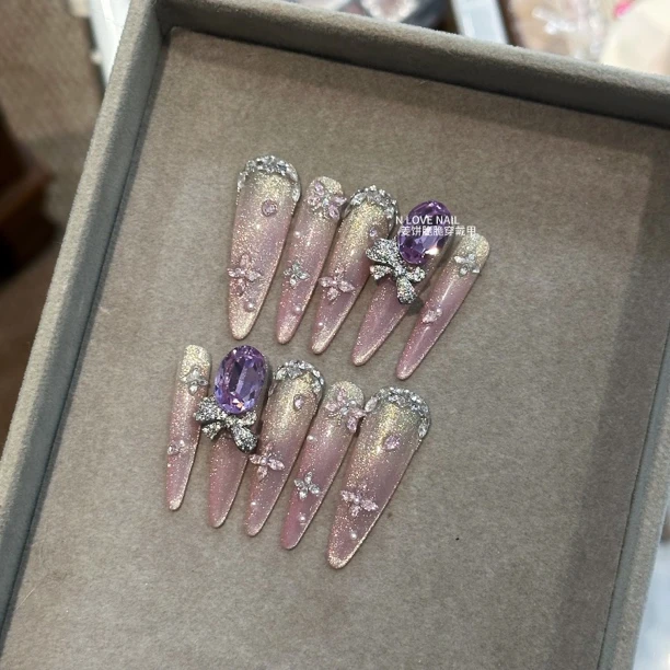 ［薰衣草庄园］40超长尖｜33长尖圆｜纯手工穿戴甲 东洲 宝施 锆石