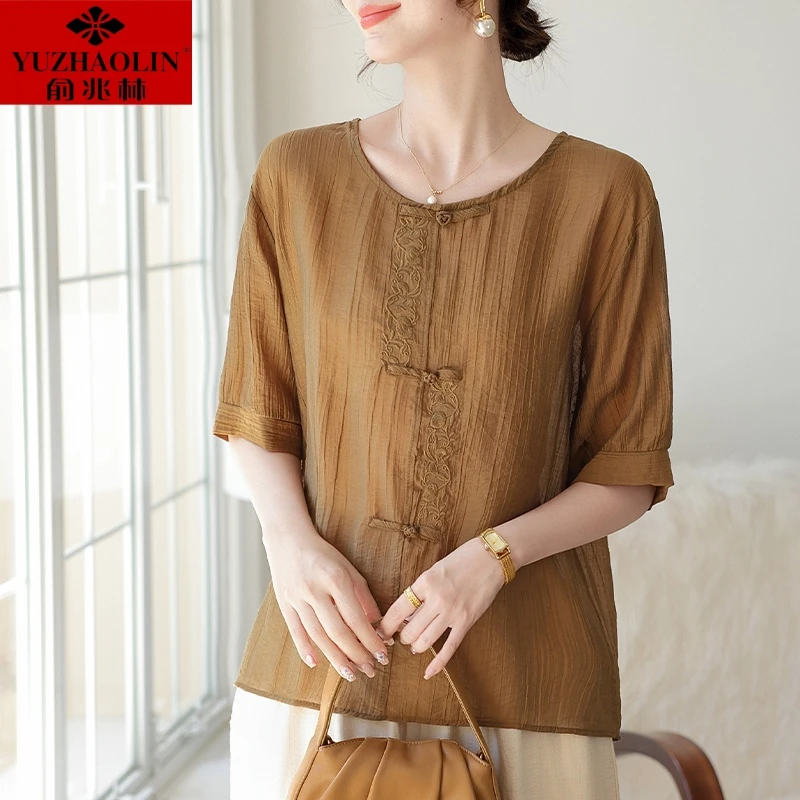 新中式妈妈夏装棉麻套装母亲节上衣中老年女夏季短袖t恤洋气小衫