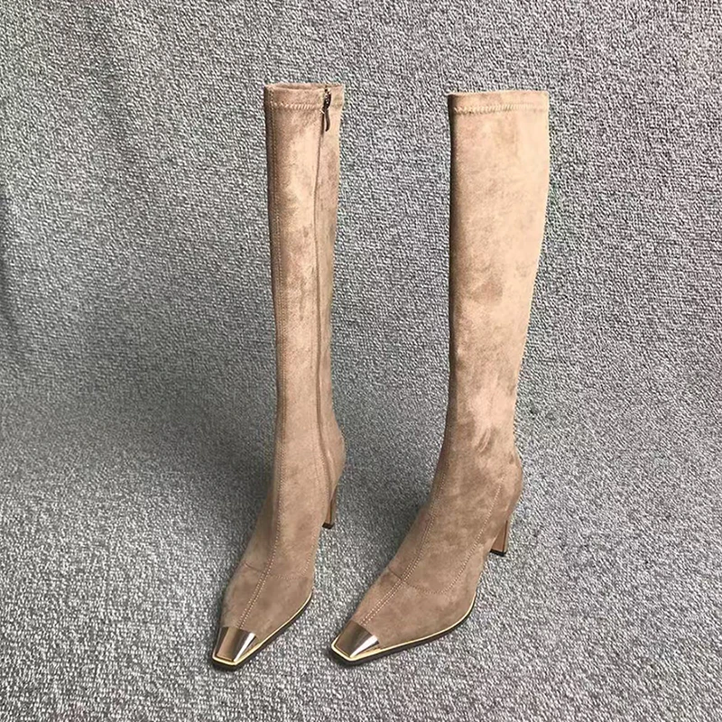 羊皮版~~超火网红弹力瘦瘦靴粗跟金属尖头不过膝高跟长筒靴袜靴