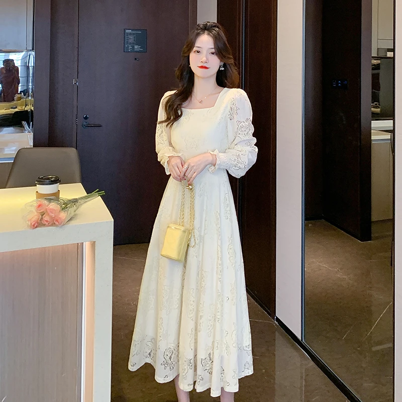 大码胖茶歇法式高级感蕾丝连衣裙春秋名媛气质小香风显瘦长裙子