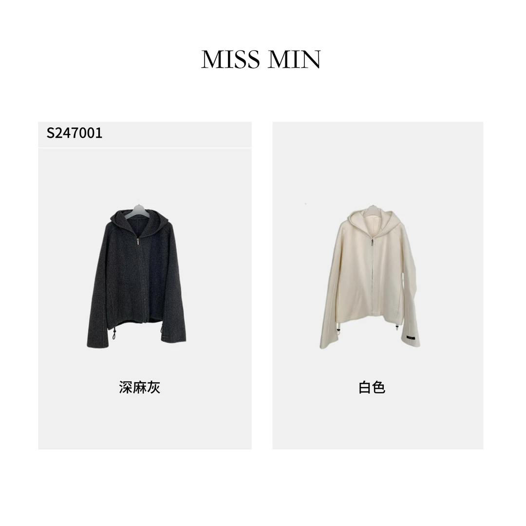 MISS MIN  S247001 反季秋冬廓形绵双面呢连帽拉链毛呢短款外套