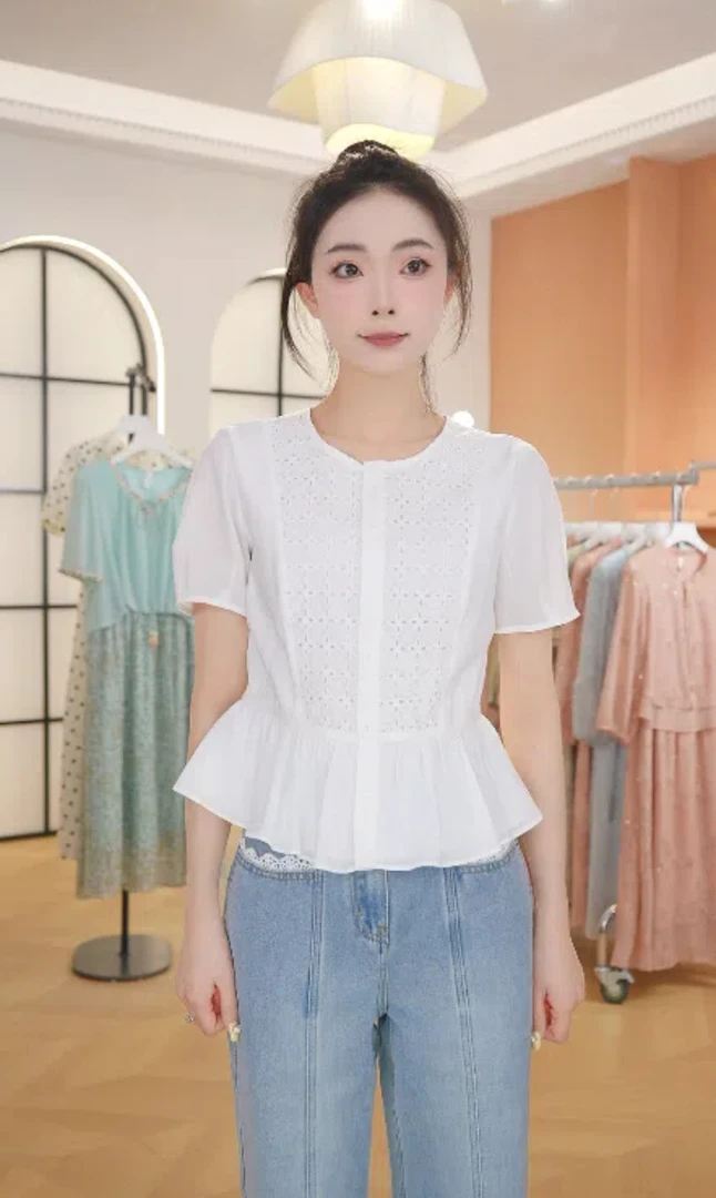 X2861欧莎2025法式镂空拼接短袖衬衫女夏新款减龄别致上衣