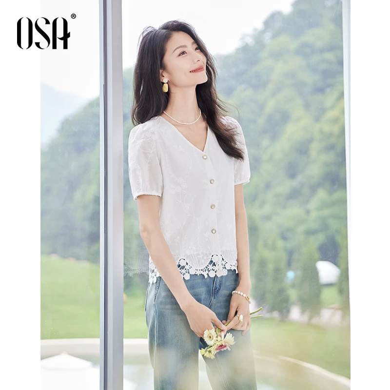 OSA/欧莎 法式V领绣花衬衫女夏季气质通勤显瘦别致上衣S125B12017