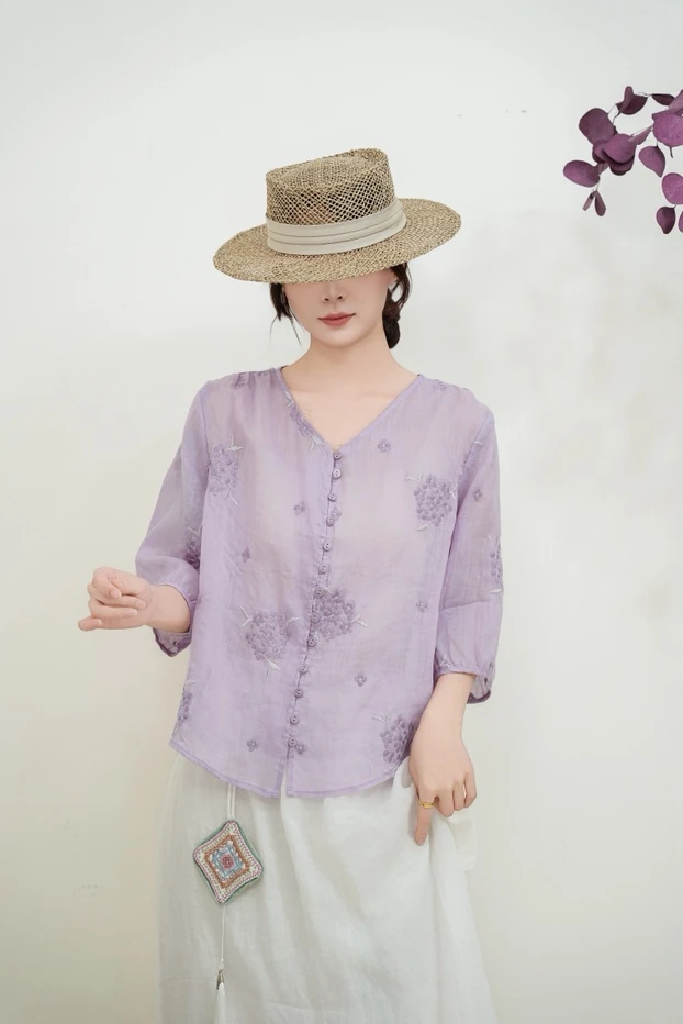 D-013夏季对襟刺绣圆领防晒短款苎麻衬衫文艺中式提花