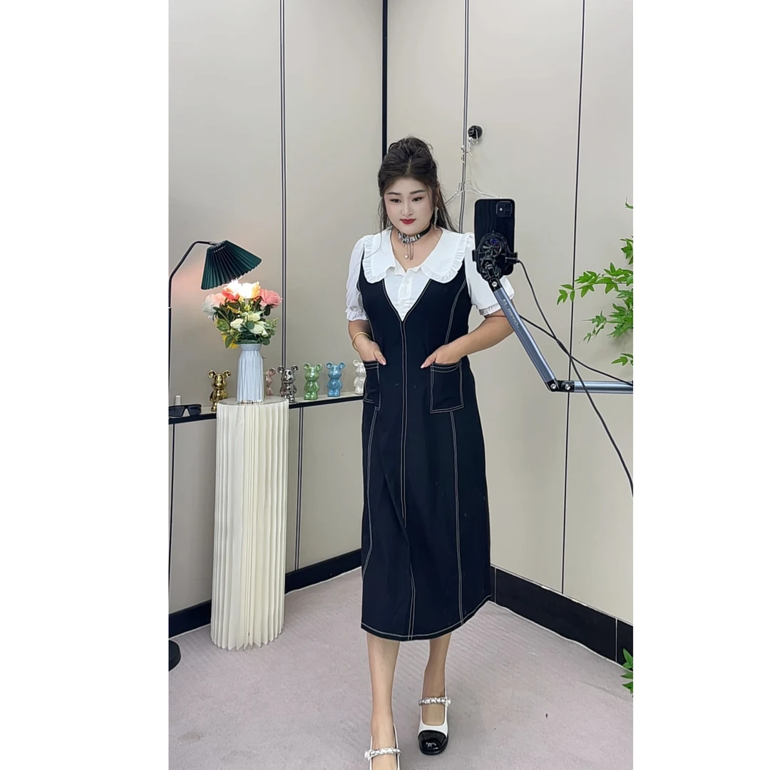 夏季新款大码娃娃领减龄百搭收腰显瘦雪纺拼接长款连衣裙高级感