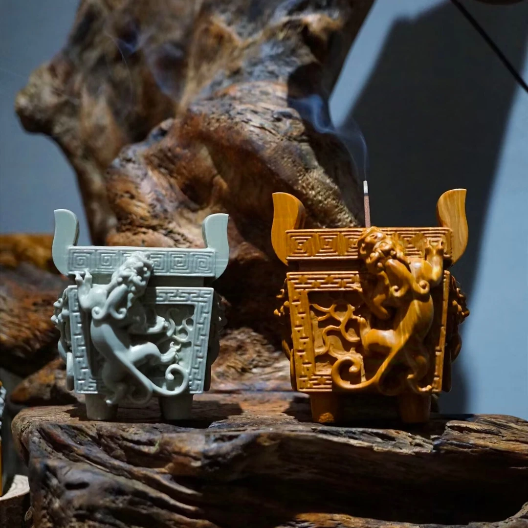 千石原石原创手工雕刻鼎香插家用中式香道摆件大号室内盘香香炉