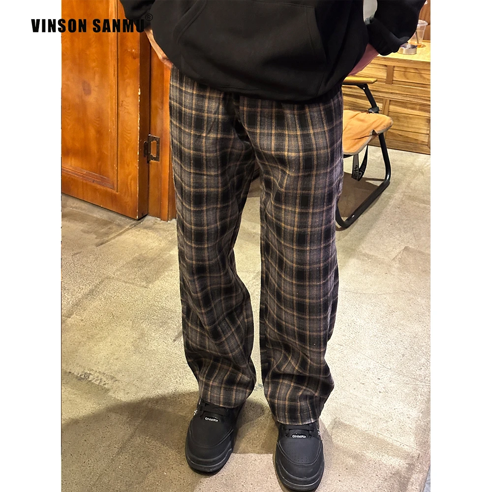 VINSON叁木新款美式复古磨毛格纹休闲裤男女同款刺绣宽松直筒裤子