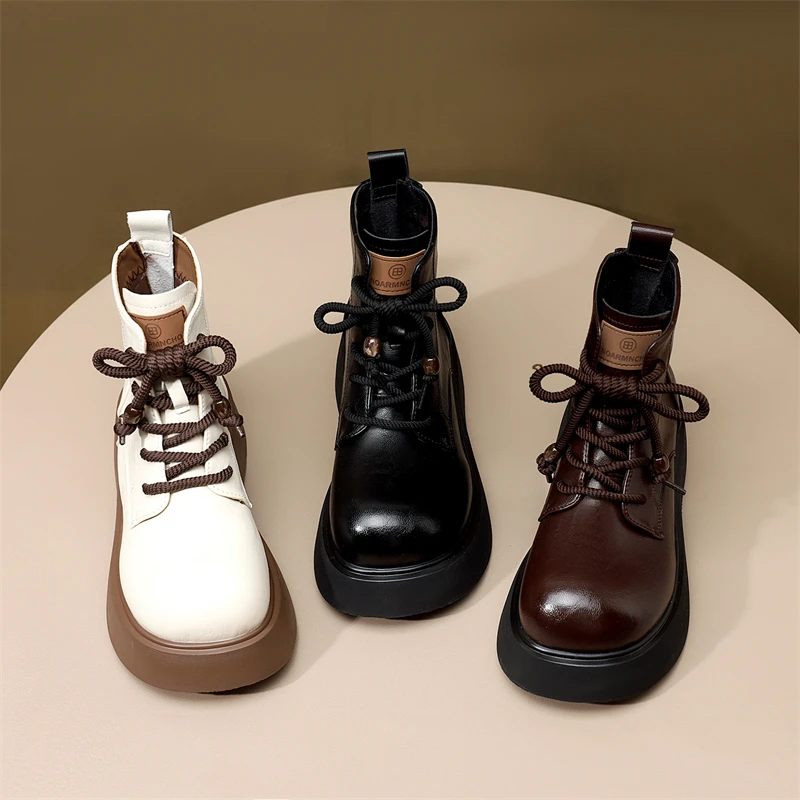 厚底增高马丁靴女2025新款秋季小个子休闲百增高系带短靴白色靴子