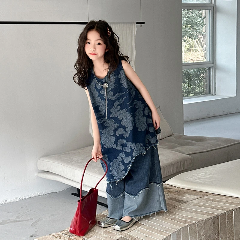 女童国潮风无袖裙牛仔裤两件套装2025夏季中大童新中式潮流洋气