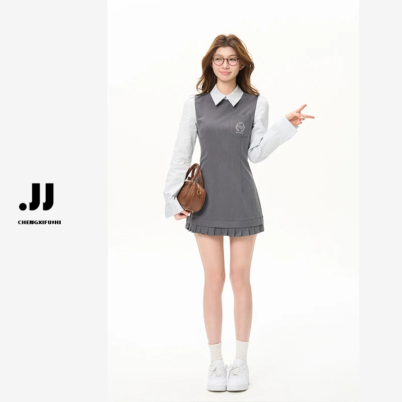 Y3881 [通勤半径]学院少女假两件 撞色立裁显瘦百褶连衣裙