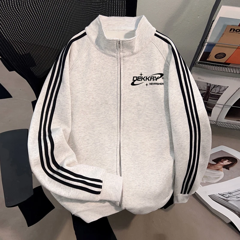 Dekkry秋冬流行立领开衫三条杠卫衣男女简约字母印花保暖加厚外套