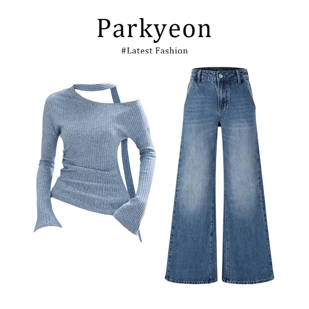 parkyeon韩系斜肩挂脖飘带针织上衣直筒修身牛仔裤早秋时尚两件套
