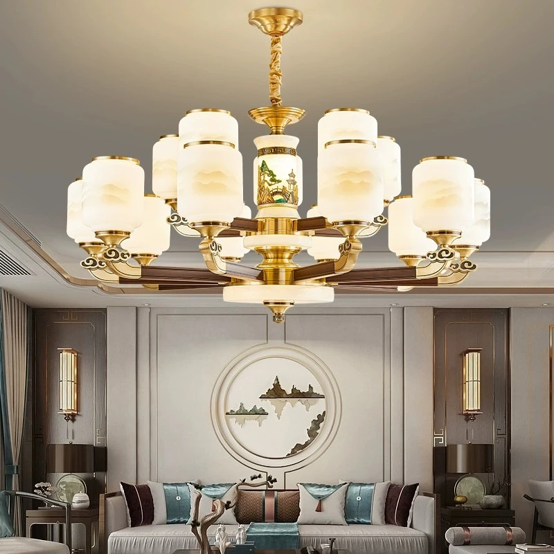 新中式全铜客厅吊灯新款实木玉石中国风别墅禅意大厅餐厅中山灯具