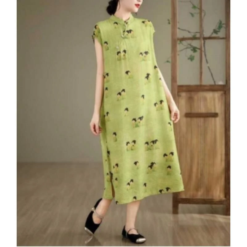「气质国风」2025夏新款薄款斜襟盘扣设计棉绸连衣裙O-Q392