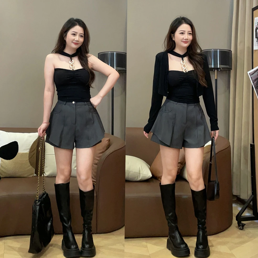 大萌萌【现货】小众设计感挂脖抹胸上衣开衫微胖显瘦套装P225U14485