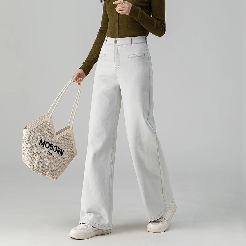 白色高腰宽松牛仔裤女春秋新款美式高街垂感显瘦潮流百搭阔腿裤