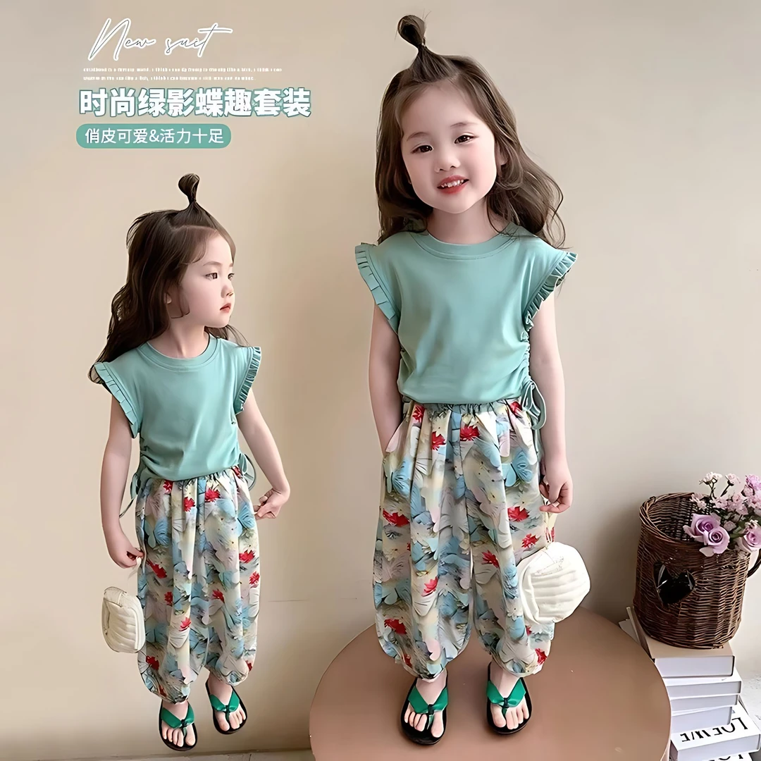 女童夏季网红两件套2025新款小飞袖抽绳上衣休闲时尚防蚊裤套装