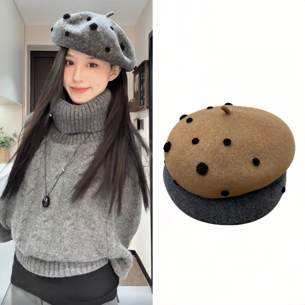 贝雷帽女秋冬蓓蕾帽名媛风纯羊毛玫瑰花装饰帽子立体复古画家帽子