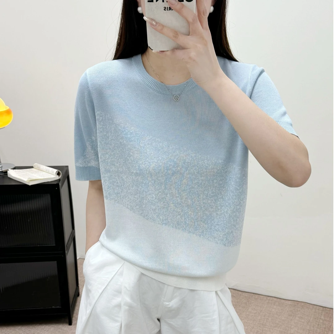 圆领薄款渐变漂亮短袖T恤针织衫2025夏季新款气质设计感减龄小衫