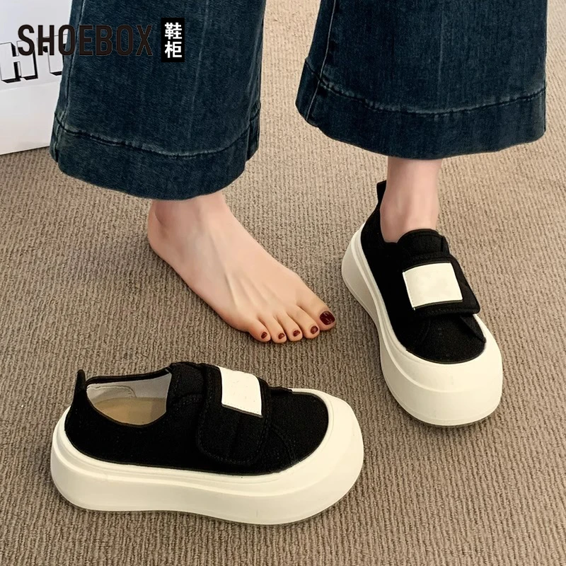 SHOEBOX鞋柜厚底帆布鞋女2025新款秋季透气黑色百搭一脚蹬板鞋