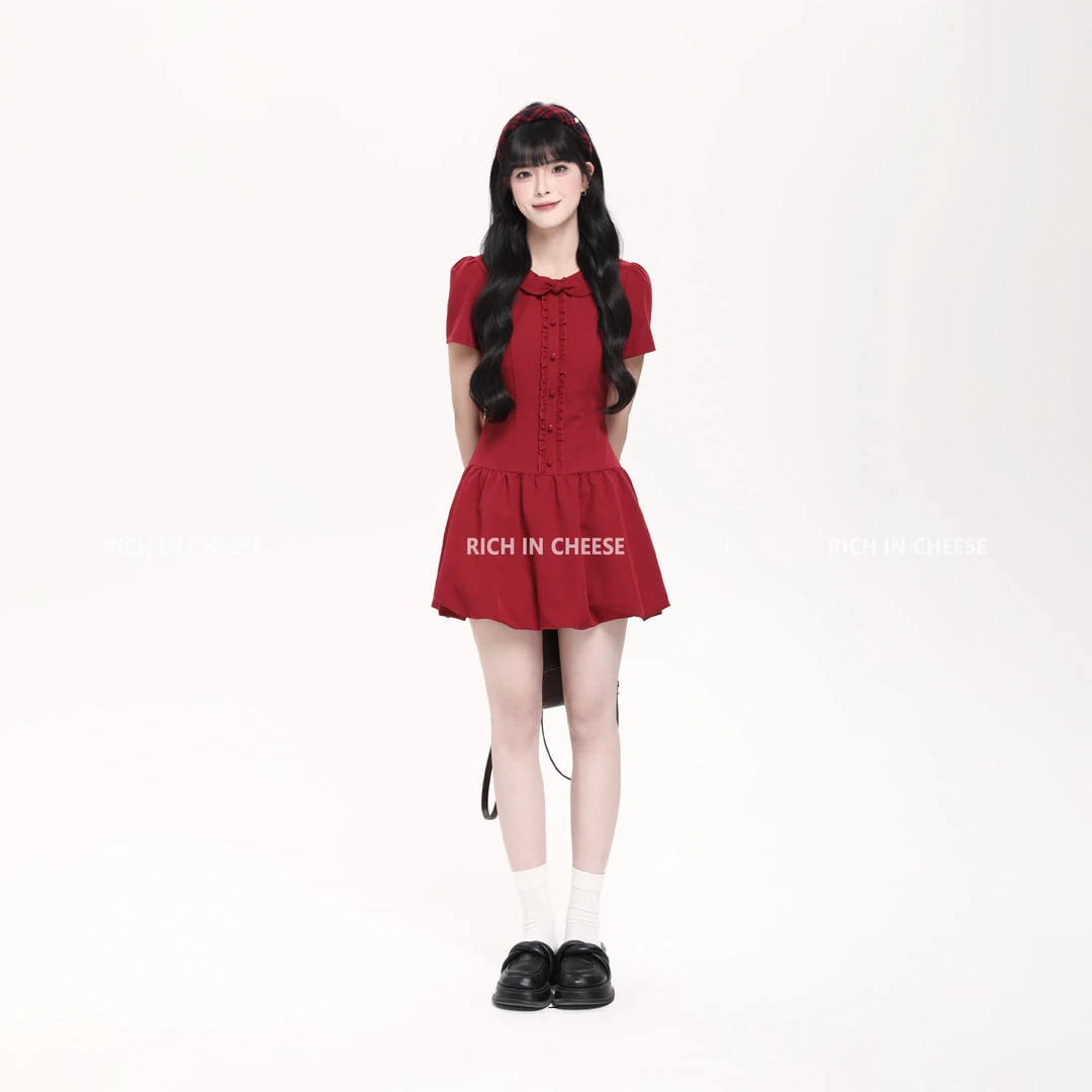 【清清】RICHINCHEESE 英梨情书 法式简约红兔耳气质花苞收腰连衣裙