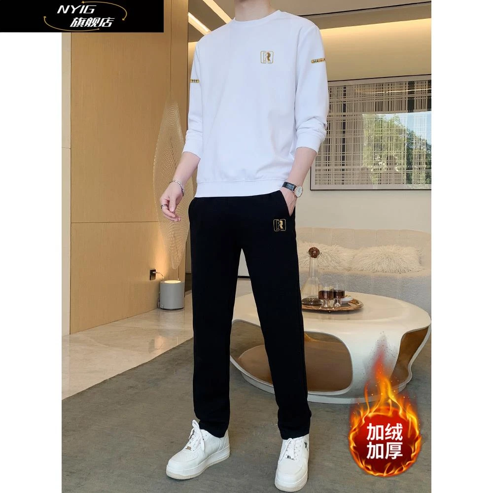 NYIG休闲运动套装男士圆领长袖宽松加绒卫衣2025秋潮流帅气两件套