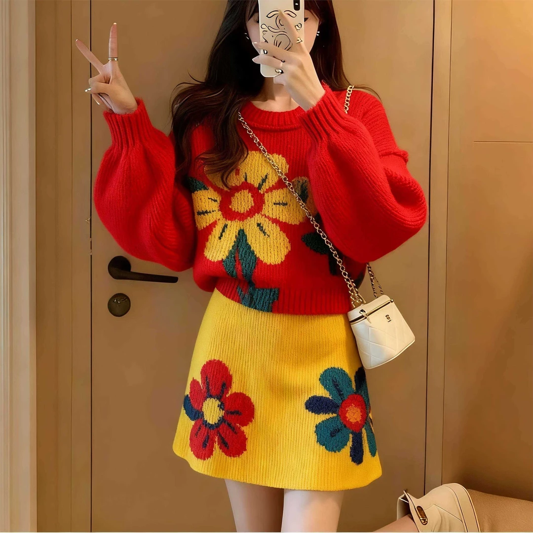 2025新款多巴胺撞色花朵提花毛衣套装女秋冬慵懒风减龄两件套