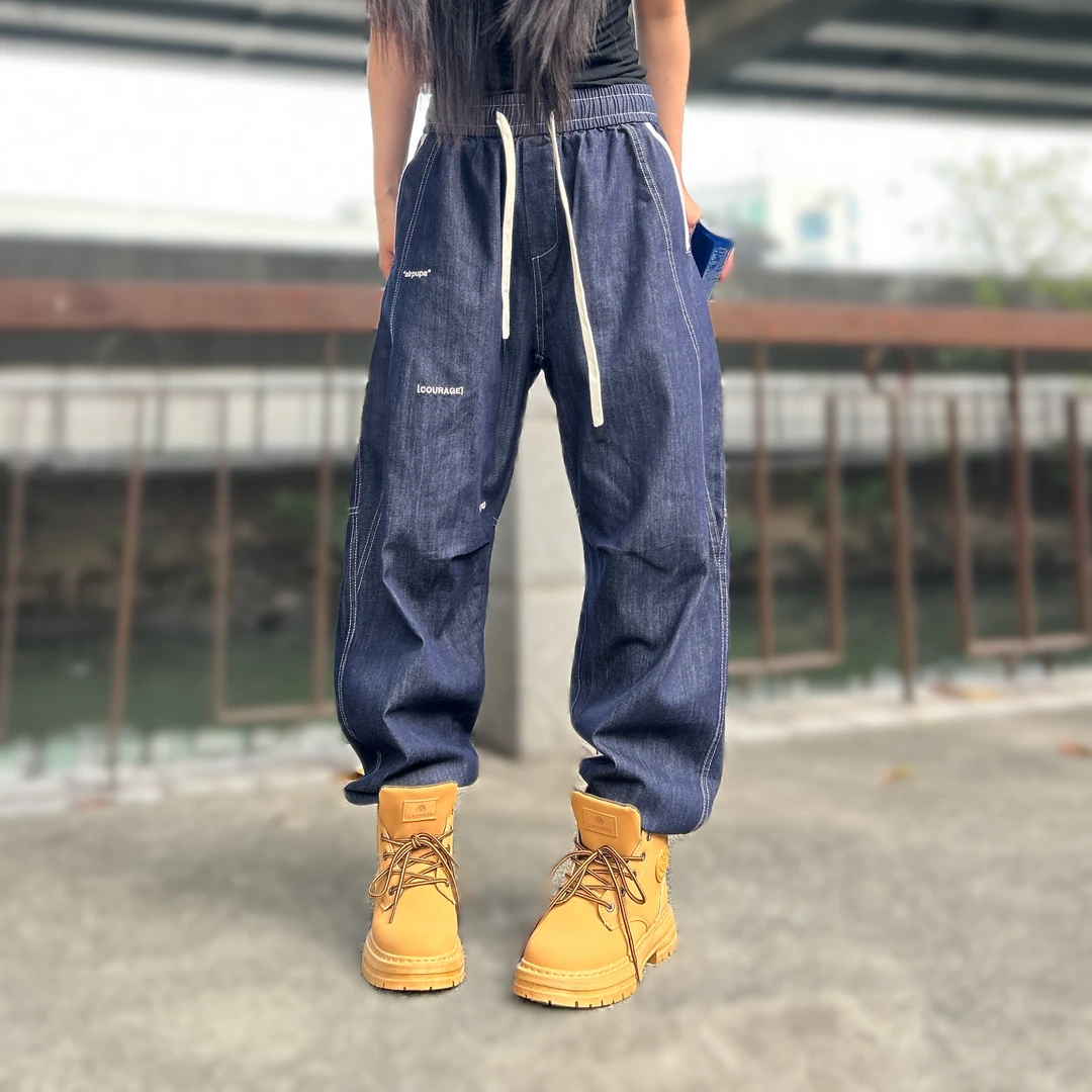 049春夏复古牛仔裤薄款万针刺绣松紧腰头束脚哈伦情侣休闲牛仔裤