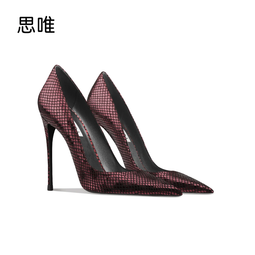 红色鱼纹性感高跟鞋2025年春季新款尖头浅口细跟气质OL一脚蹬单鞋