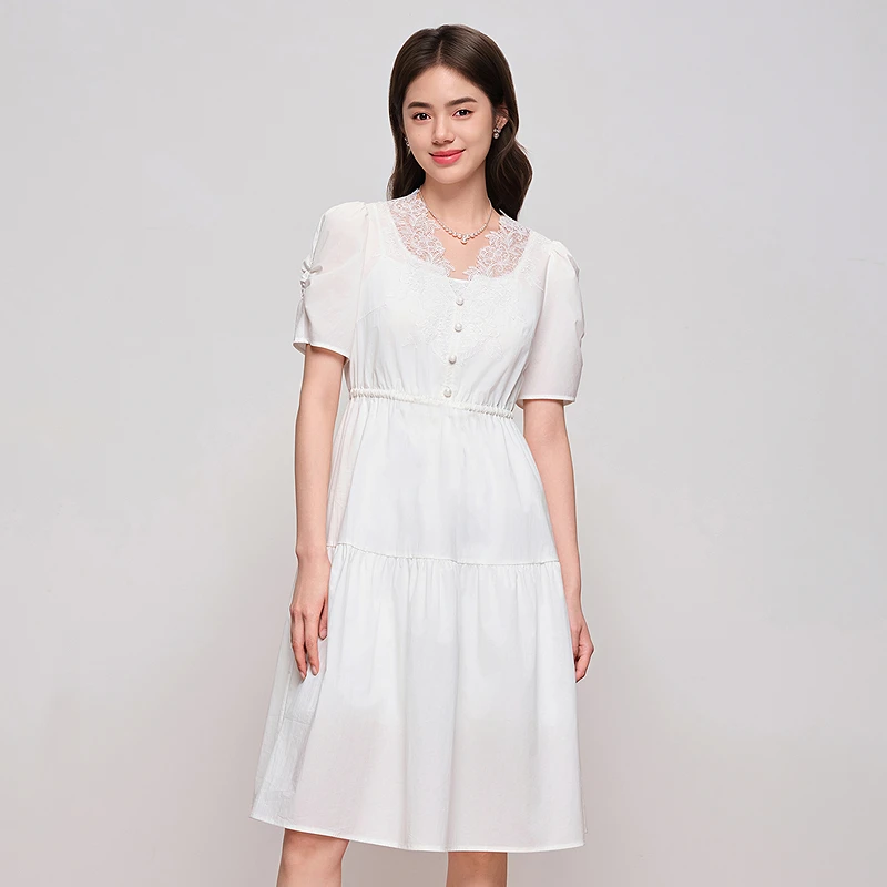 【陈大可专享】DOUBLOVE森系轻中式蕾丝V领连衣裙收腰小白裙